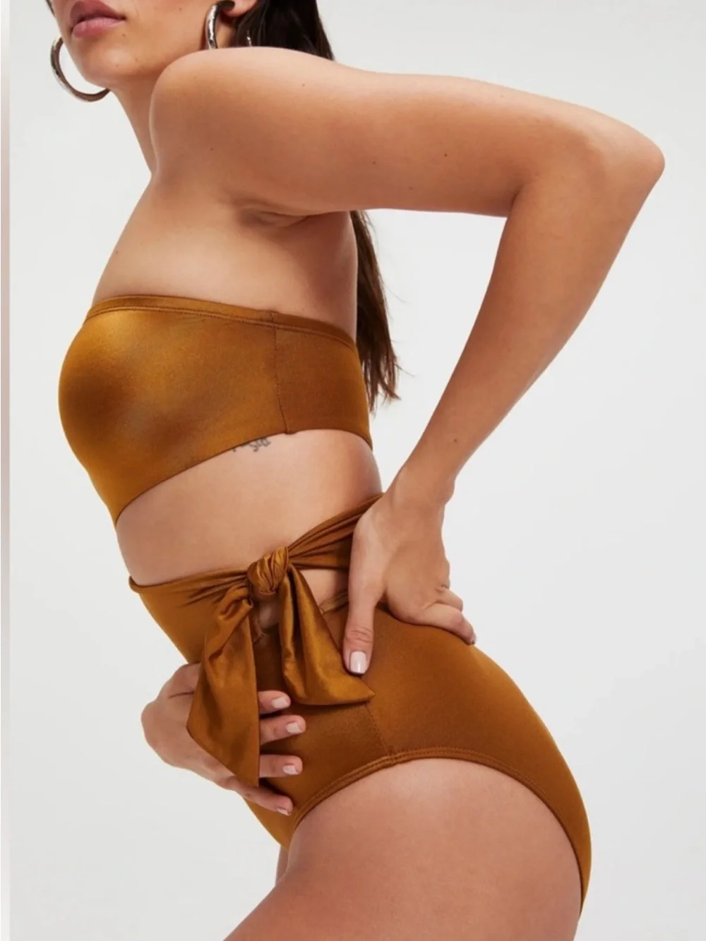Good American Strapless One-Shoulder Cutout High-Waist Swimsuit — Bronze Brown